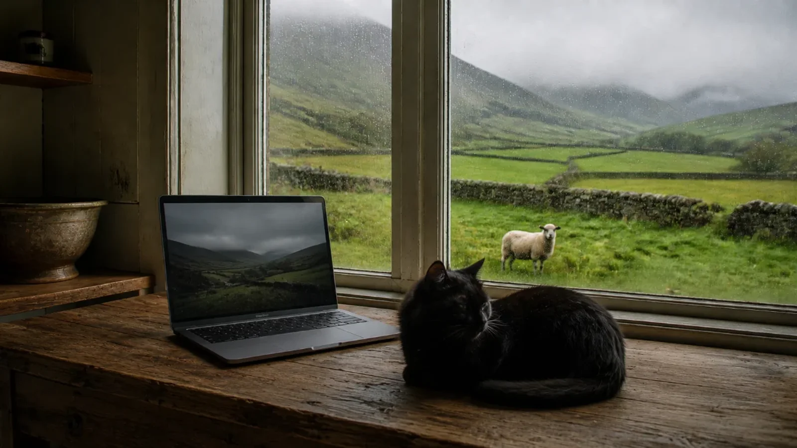 AI Generated. Black cat laptop on kitchen table. Window with view of misty Welsh mountains and Blodwyn the sheep in the background