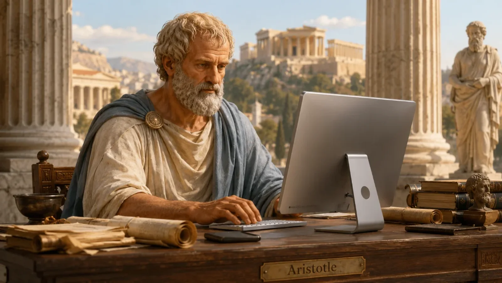 Aristotle using a computer to batch emails - This image might be AI generated